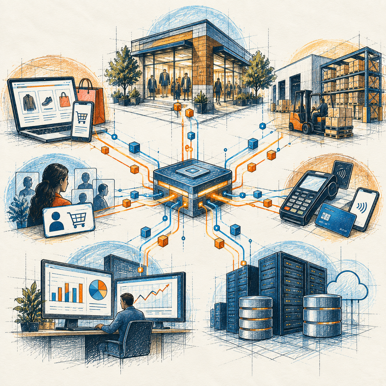 Hand-drawn illustration of integrated retail systems