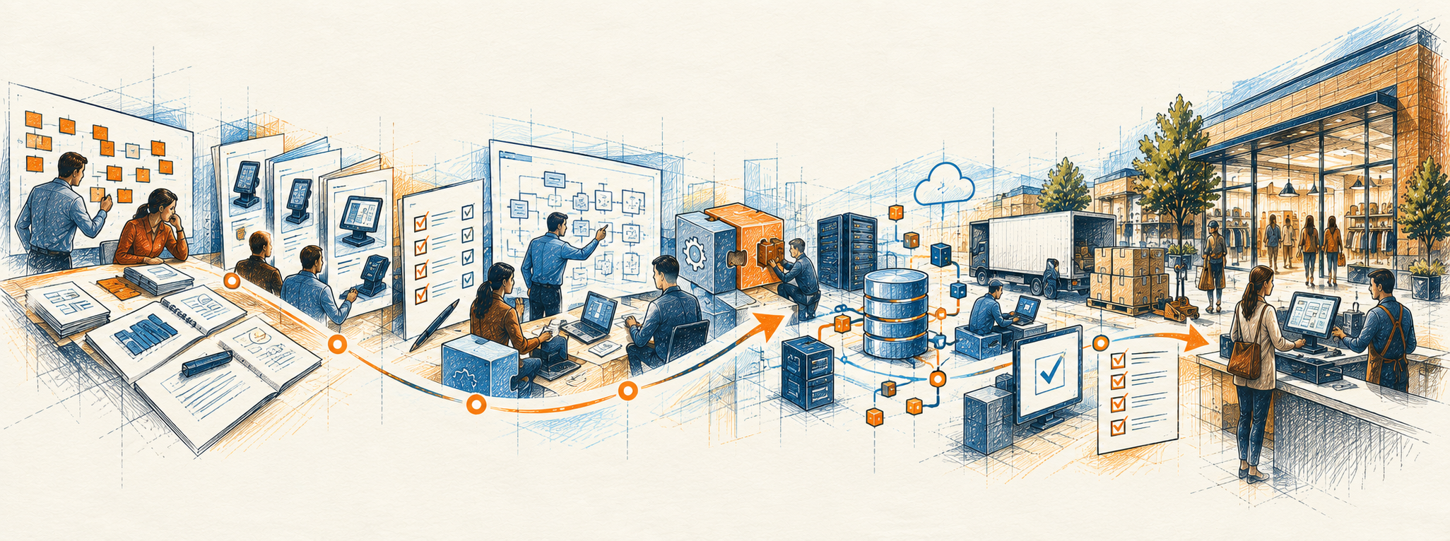 Hand-drawn journey from requirements and evaluation through integration, testing, deployment and a working retail environment