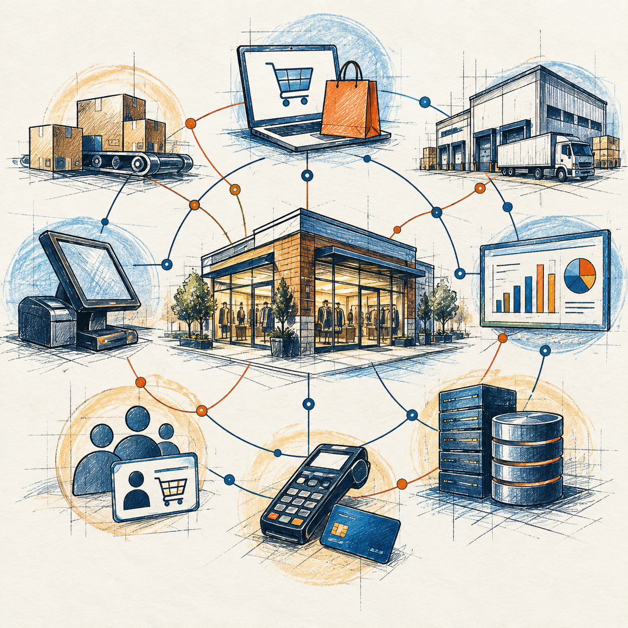 Hand-drawn retail technology ecosystem connecting store operations with commerce, payments, data and supply chain