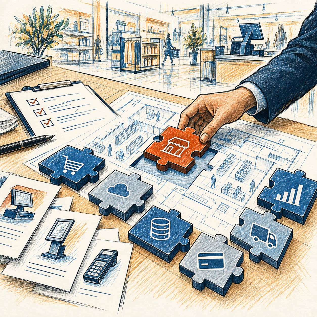 Hand-drawn illustration of technology selection and evaluation