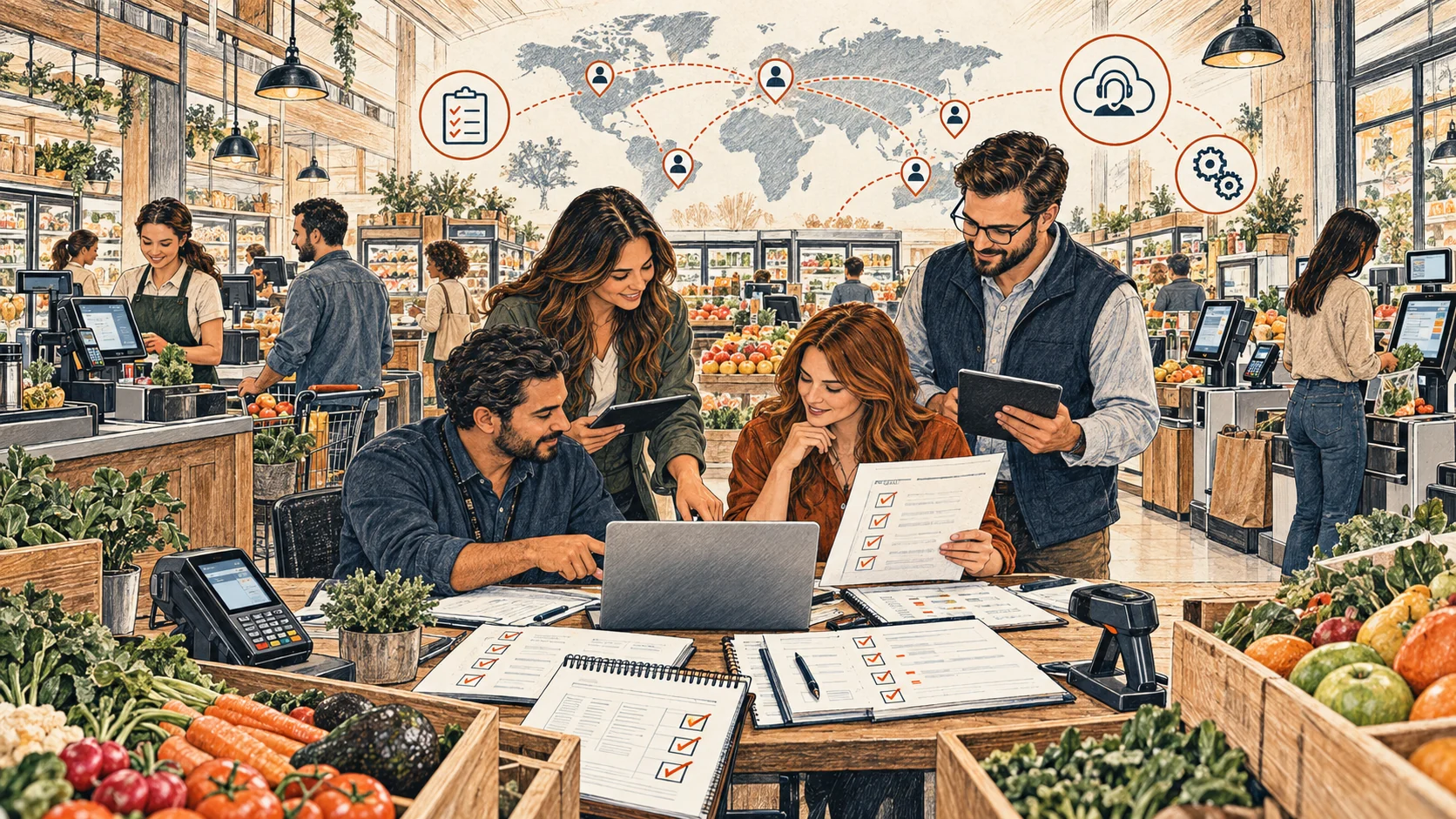 Hand-drawn grocery retail scene illustrating global POS quality assurance, testing, and support transition.