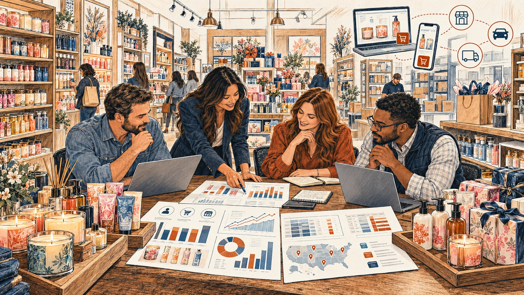 Hand-drawn beauty retail scene illustrating omnichannel strategy, forecasting, inventory intelligence, and digital commerce.