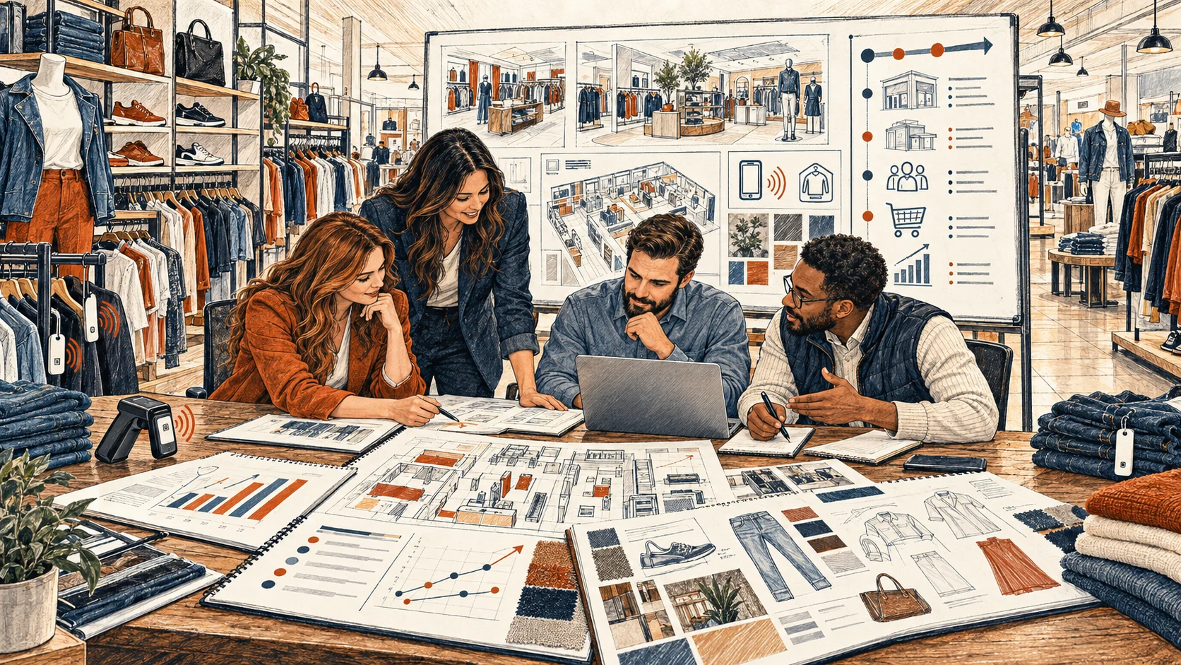 Hand-drawn off-price retail scene illustrating future-store strategy, RFID, customer experience, loss prevention, and roadmap planning.