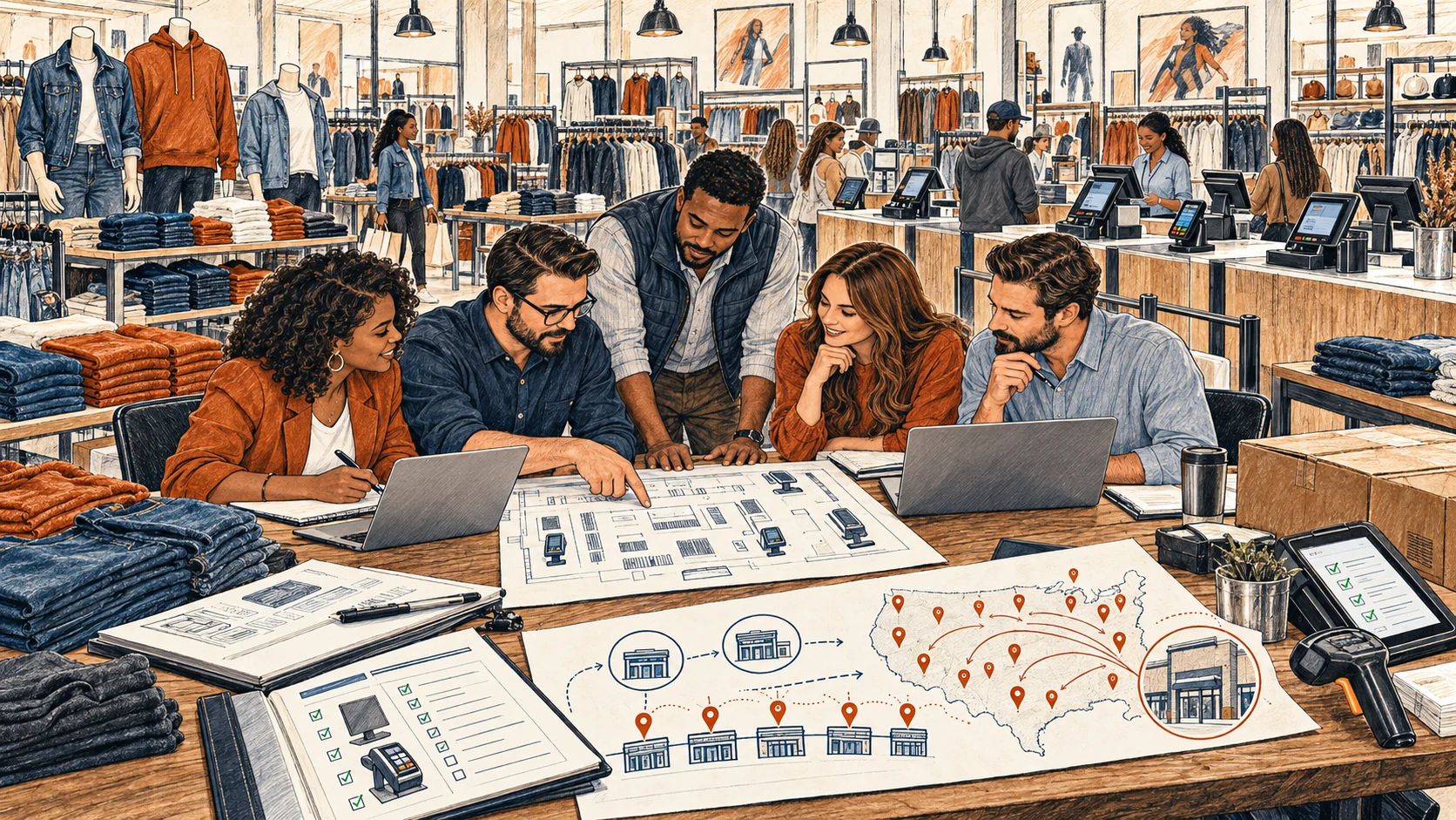 Hand-drawn apparel retail scene illustrating POS strategy, selection, quality assurance, and multi-store deployment planning.