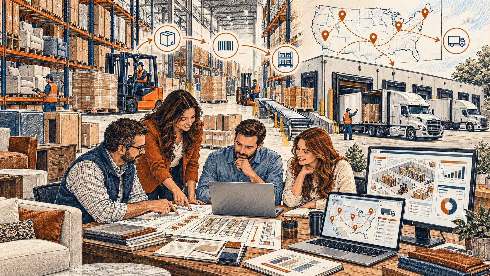 Hand-drawn retail case study illustration.
