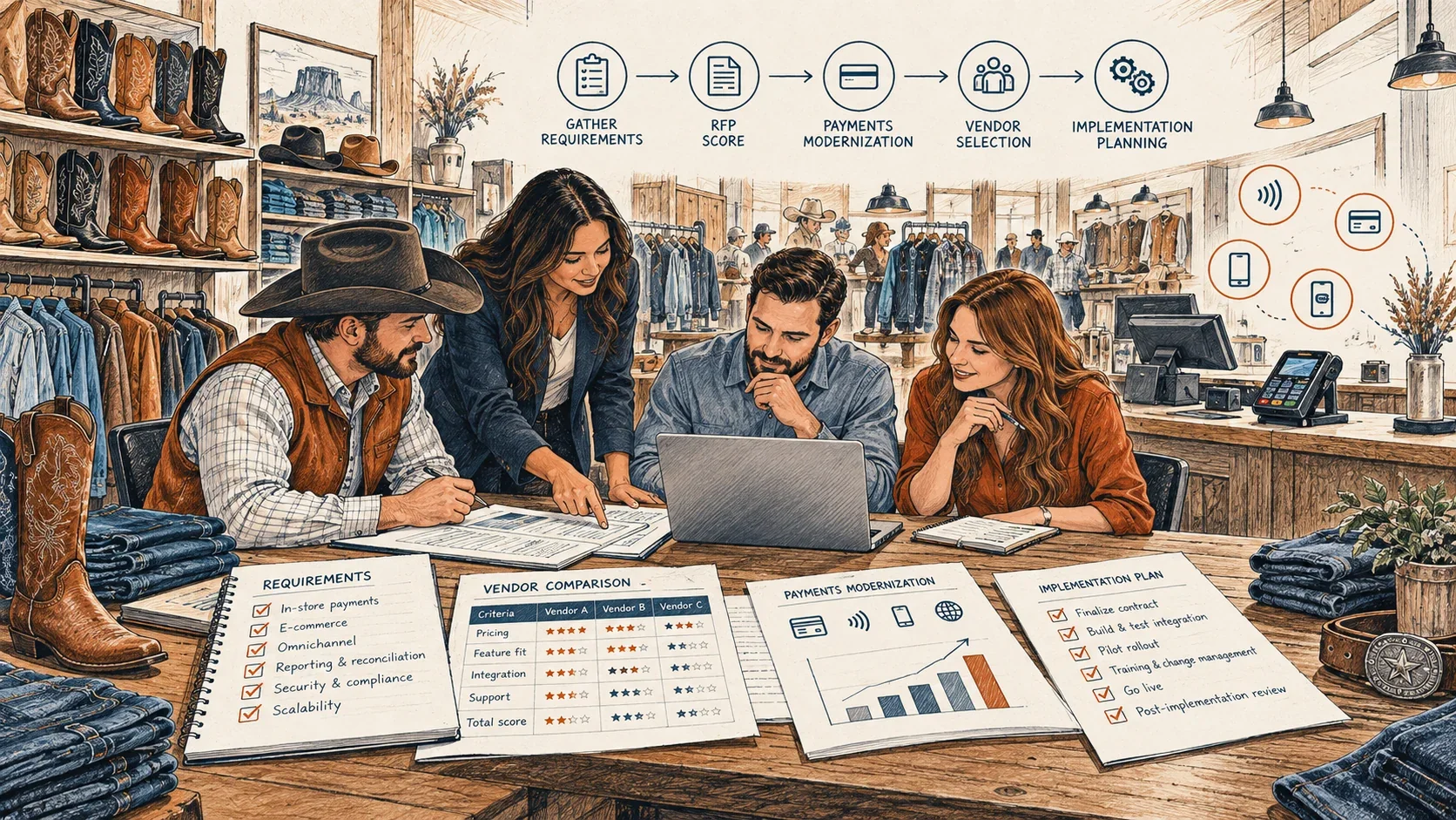 Hand-drawn retail case study illustration.