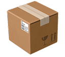 Closed cardboard shipping box with packing tape and handling symbols on brown background.
