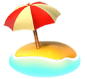 Small tropical island with a red and yellow umbrella and a beach chair.