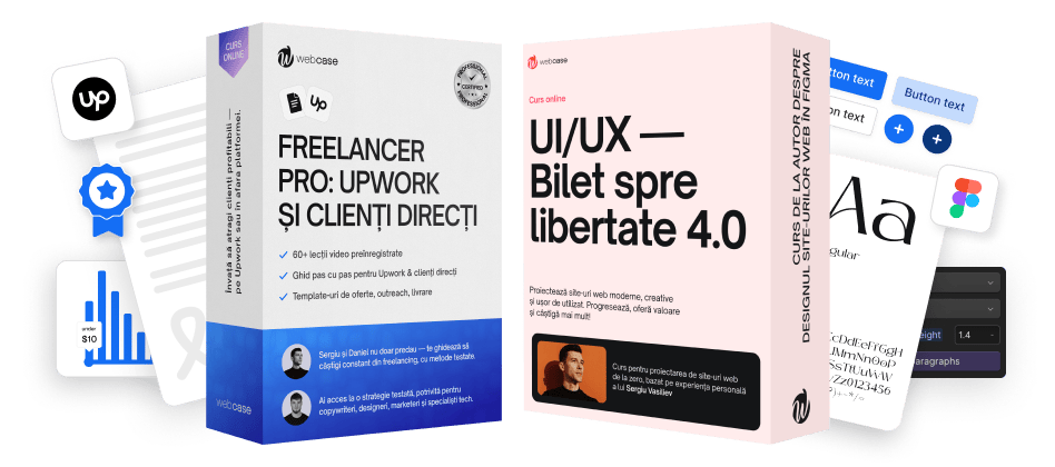 Two online course boxes, one for Freelancer Pro: Upwork and direct clients with video lessons and guides, and the other for UI/UX web design ticket 4.0 featuring step-by-step creative site design and personal experience from Sergiu Vasilescu.