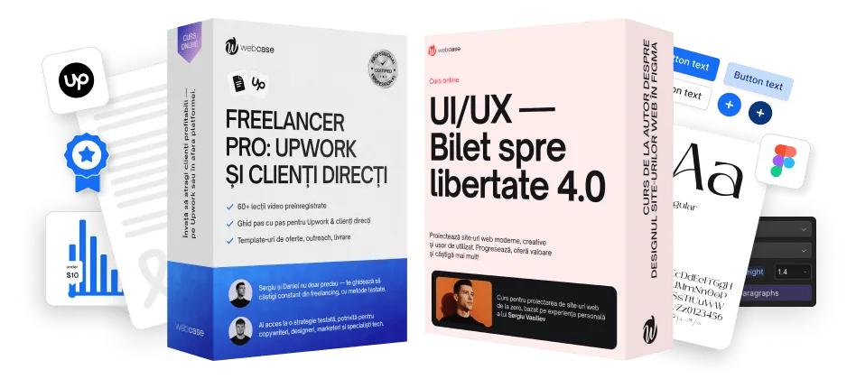 Two online course boxes, one for Freelancer Pro: Upwork and direct clients with video lessons and guides, and the other for UI/UX web design ticket 4.0 featuring step-by-step creative site design and personal experience from Sergiu Vasilescu.