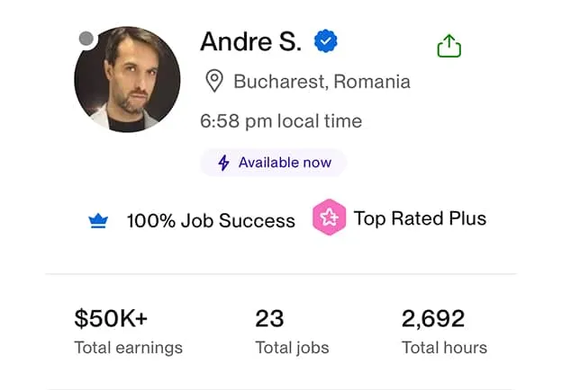 Profile of Andre S. from Bucharest, Romania, showing 100% job success, Top Rated Plus badge, $50K+ total earnings, 23 total jobs, and 2,692 total hours.