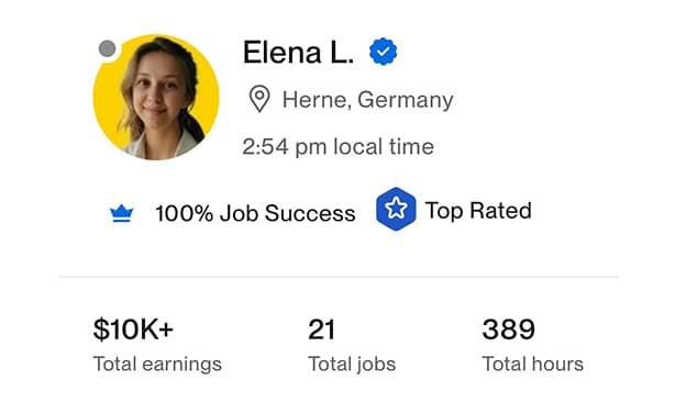 Profile of Elena L. from Herne, Germany, showing 100% job success, top rated status, over $10K earnings, 21 jobs, and 389 hours logged.