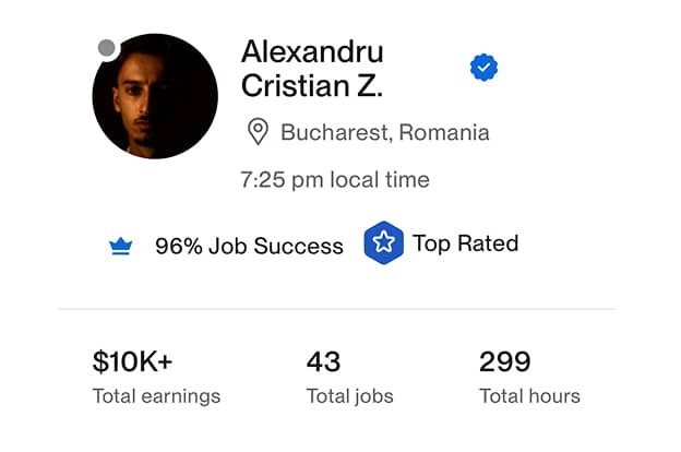 Profile summary of Alexandru Cristian Z. from Bucharest, Romania, showing 96% job success, top rated status, $10K+ earnings, 43 total jobs, and 299 total hours.