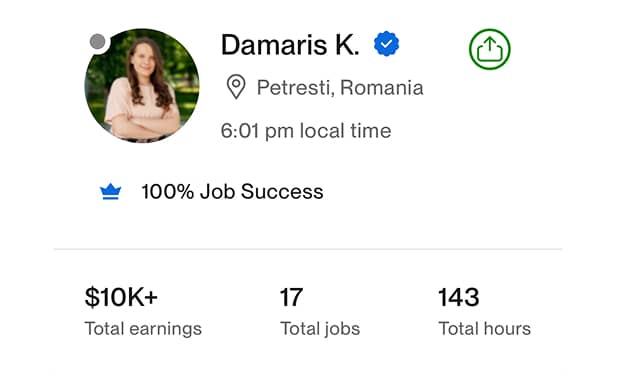 Freelancer profile of Damaris K. from Petresti, Romania showing 100% job success, over $10K total earnings, 17 total jobs, and 143 total hours worked.