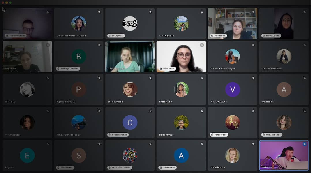 Screenshot of a Zoom video conference with 30 participants, mostly displaying profile pictures or muted camera icons, with one participant visible in a purple-lit room speaking.