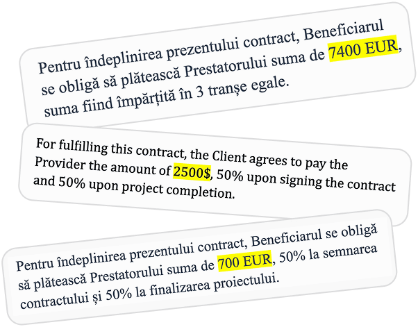 Three contract payment clauses in Romanian and English, highlighting payment amounts: 7400 EUR, 2500 USD, and 700 EUR, with details about installment splits.