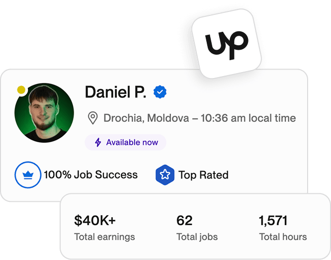 Upwork profile of Daniel P. from Drochia, Moldova, showing 100% job success, top rated badge, available now status, over $40K earnings, 62 total jobs, and 1,571 total hours.