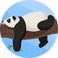 Cartoon panda sleeping on a tree branch against a blue sky background.