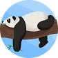 Cartoon panda sleeping on a tree branch against a blue sky background.