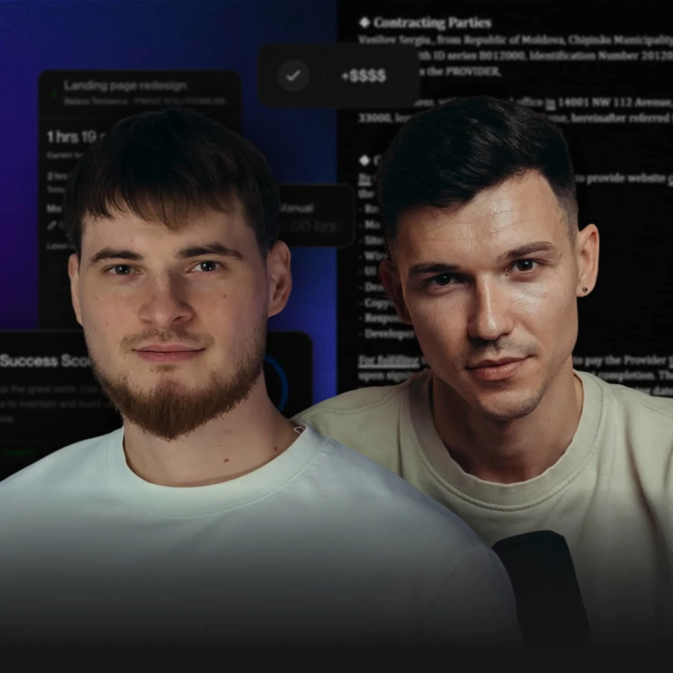 Portrait of two young men with serious expressions against a dark background with blurred text and graphics.