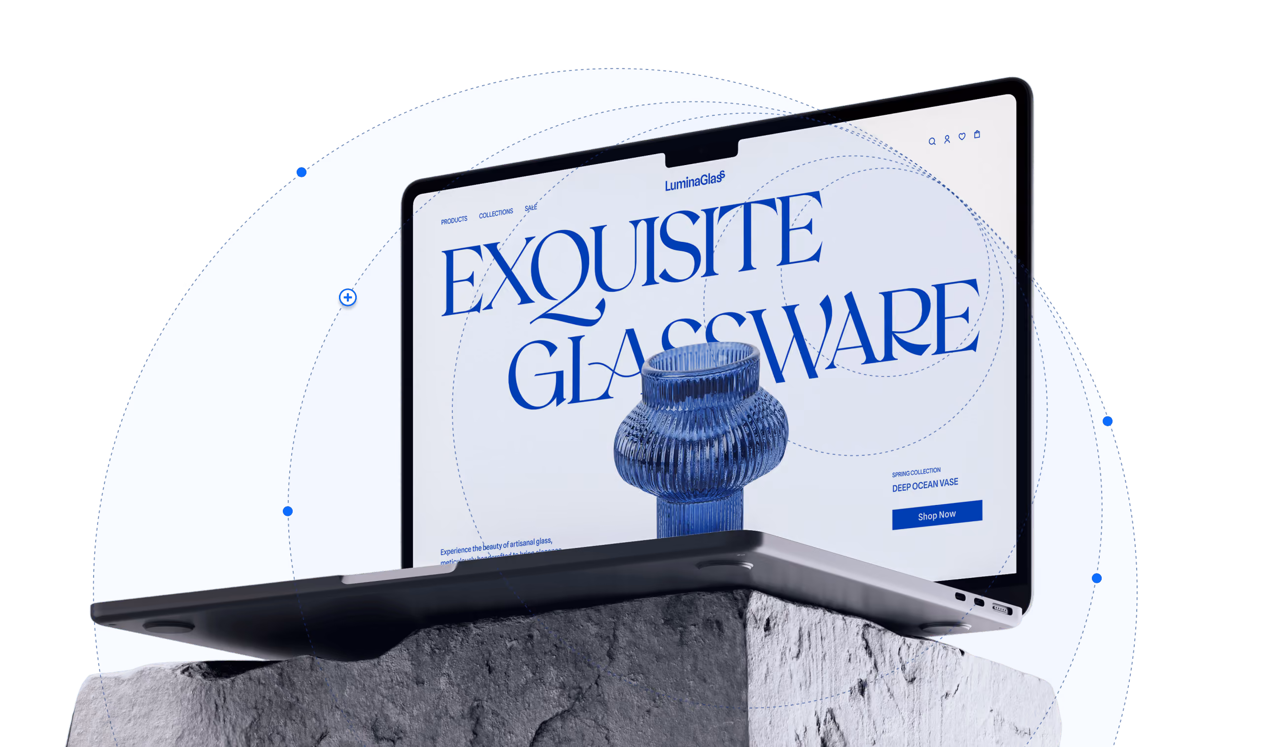 Laptop mockup on a stone pedestal displaying the LuminaGlass e-commerce homepage, featuring the headline 'Exquisite Glassware,' a blue ribbed glass vase, and a 'Shop Now' button, surrounded by decorative dotted circles.