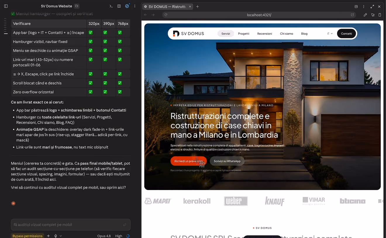 Split-screen screenshot showing a code editor with an AI assistant chat on the left (checklist confirming a mobile hamburger menu passed all tests) and a browser preview on the right displaying the SV Domus website homepage, featuring a modern house at night, an Italian headline about renovations and construction in Milan and Lombardy, two call-to-action buttons, and a row of partner/brand logos below.