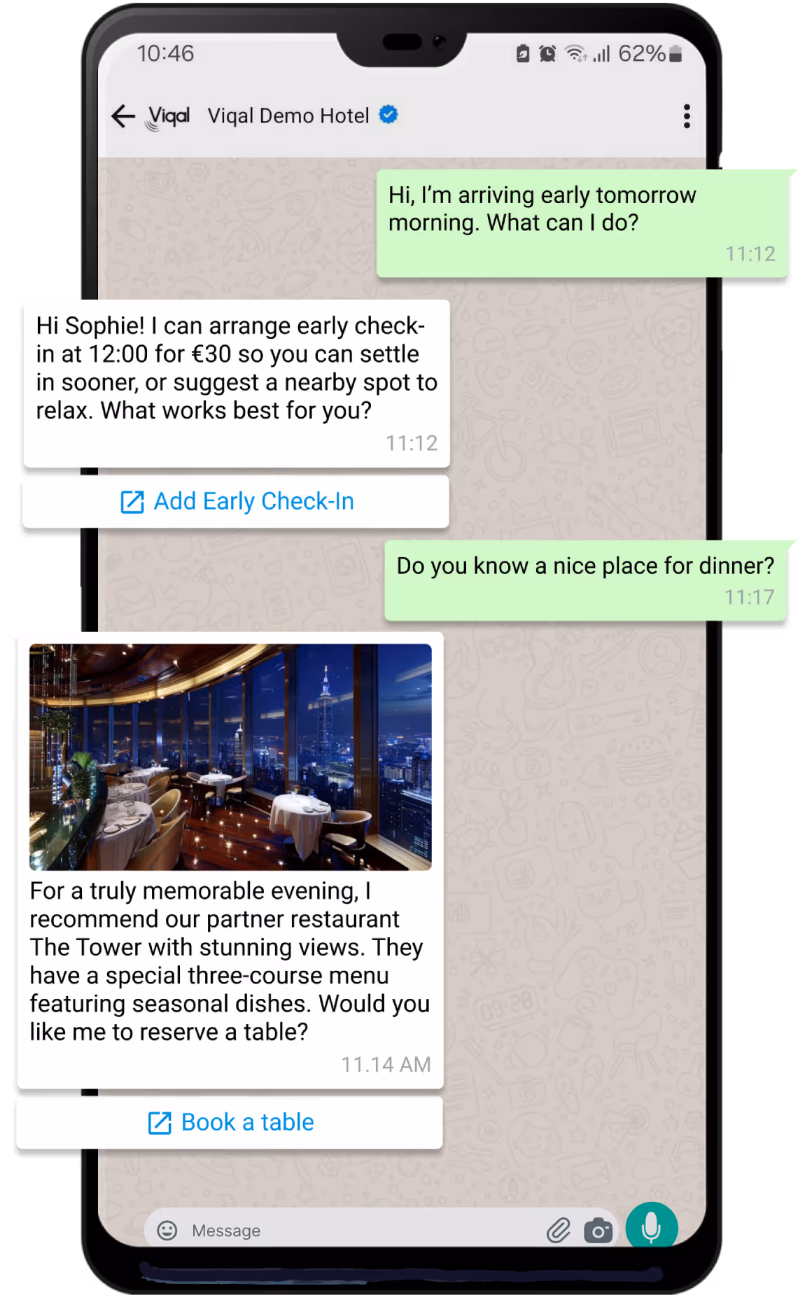 Automate repetitive guest questions on WhatsApp and reduce front desk interruptions. Built for busy hotels handling high volumes of guest messages.