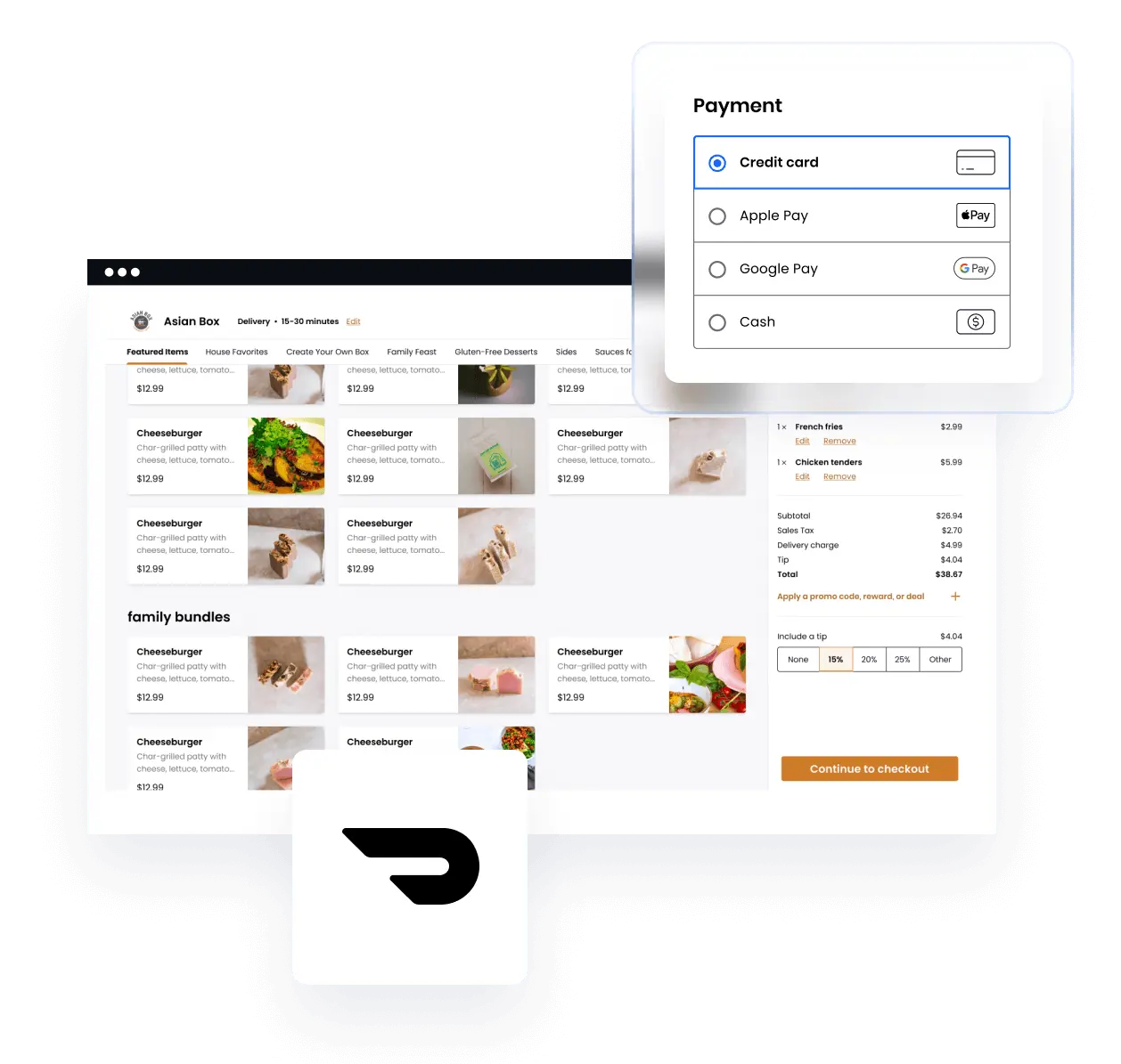 Online food ordering interface for Asian Box showing cheeseburger items, order summary with tip options, and payment method selection including credit card, Apple Pay, Google Pay, and cash.