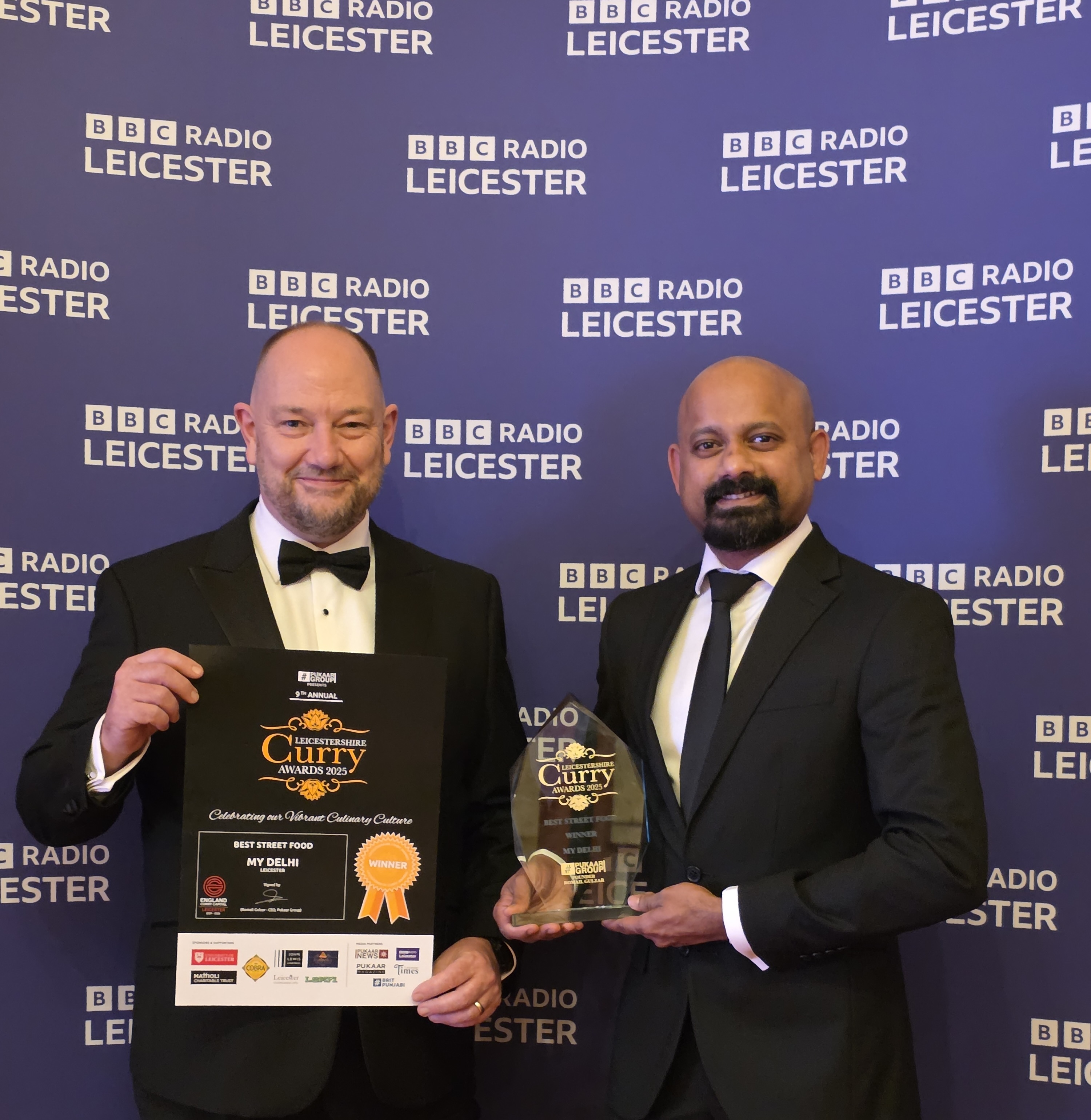 With honour My Delhi accepts the award for Best Street Food 2025 at the Leicestershire Curry Awards 2025 - a victory for My Delhi Leicester once again!