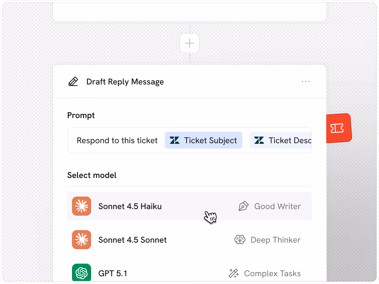 Cassidy user interface displaying a draft reply message form with options to respond to a ticket using dynamic placeholders for ticket subject and description, and selection of AI models labeled Sonnet 4.5 Haiku, Sonnet 4.5 Sonnet, and GPT 5.1.