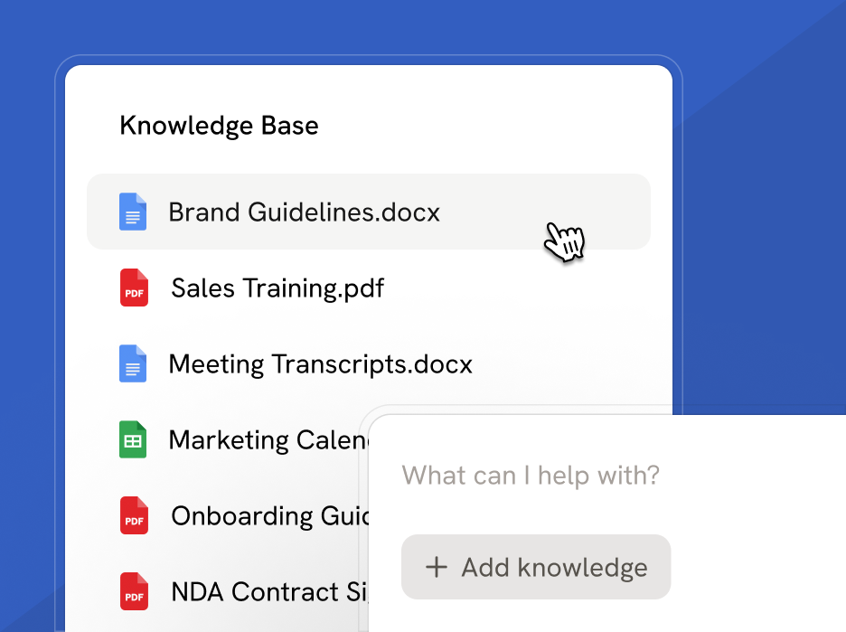 Cassidy Knowledge Base menu showing a list of documents including Brand Guidelines.docx, Sales Training.pdf, Meeting Transcripts.docx, Marketing Calendar, Onboarding Guide.pdf, and NDA Contract.pdf with a hand cursor pointing at Brand Guidelines.docx, and a partial overlay with an AI Agent input chat asking "What can I help with?" and a button labeled "Add knowledge".
