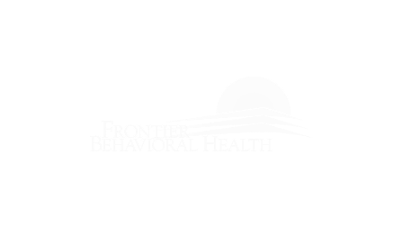 A white Frontier Behavioral Health logo with stylized sun and three curved lines displayed on a black background.