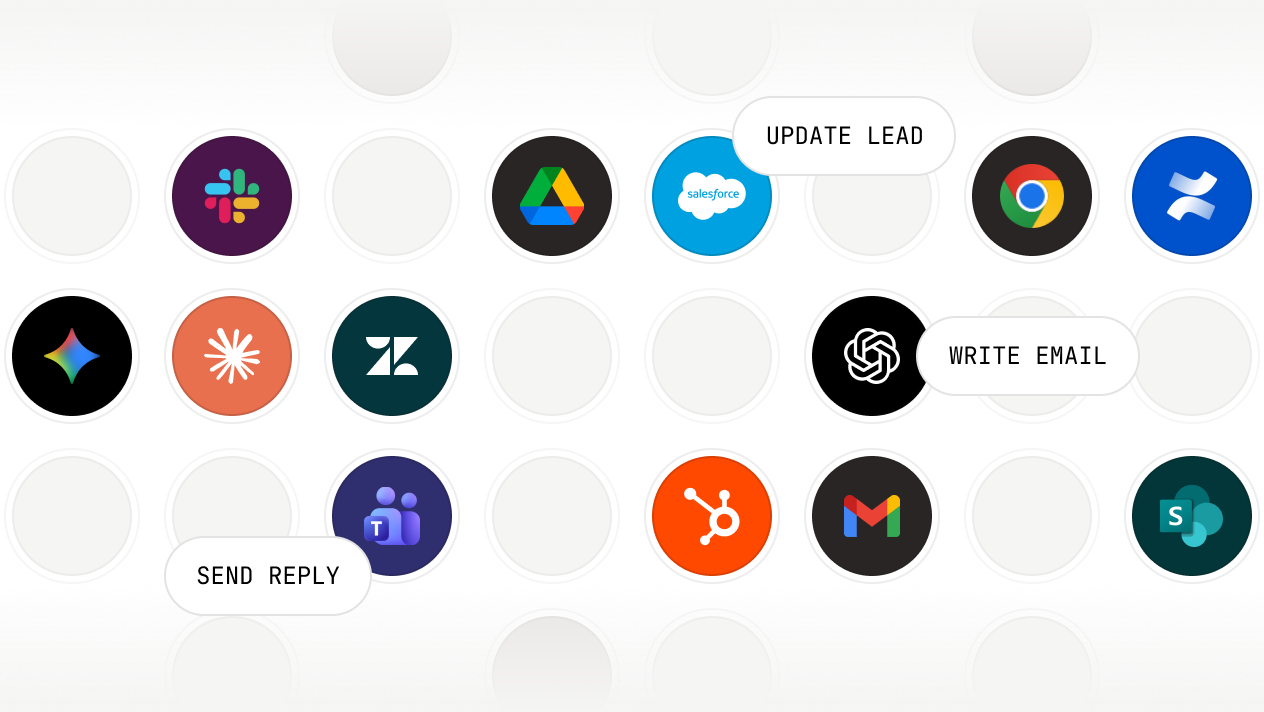 Grid of Cassidy integration app icons including OpenAI, Google Drive, Slack, Google Chrome, Confluence, Salesforce, Zendesk, HubSpot, Microsoft Teams, Gmail, and SharePoint with text labels Reply DM, Write Email, Update Lead.