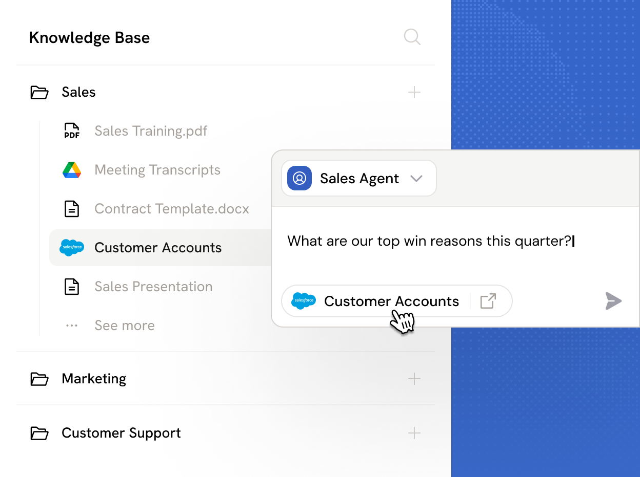 Knowledge base interface showing folders for Sales, Marketing, and Customer Support, with Sales expanded to display multiple documents including a Salesforce Customer Lists file, and an AI Assistant panel drafting a query to order clients by deal size.