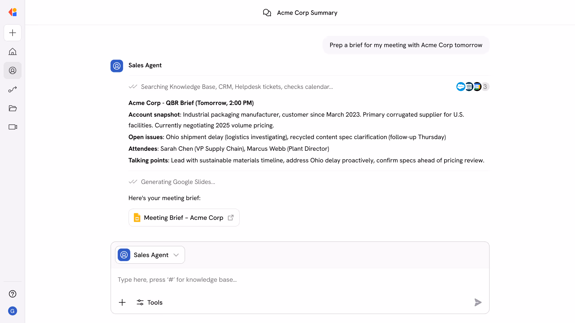A Cassidy AI user interface of an AI-powered Sales Agent summarizing Acme Corp details including overview, account status, recent activity, and open issues with linked Salesforce Contacts, Company Meetings Minutes, and Zendesk Account.