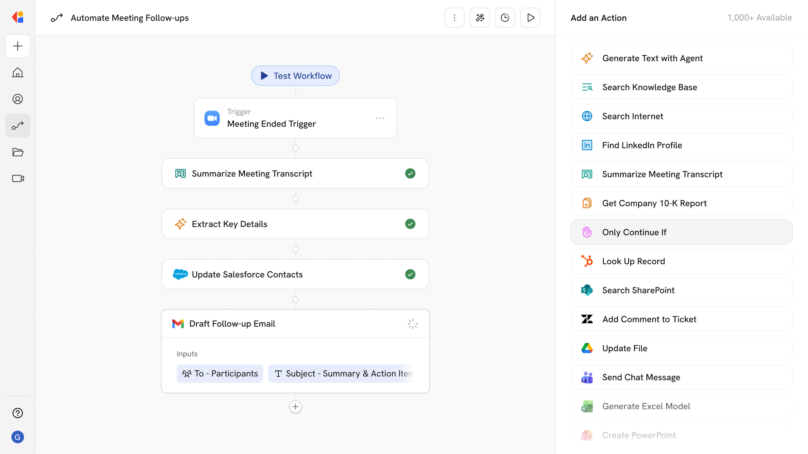 Cassidy AI workflow automation interface showing steps to automate meeting follow-ups including meeting ended trigger, summarizing transcript, extracting key details, updating Salesforce contacts, and drafting follow-up email; alongside a Gmail draft email to jessica@acme.com with subject 'Summary & Action Items' and a brief message summary.