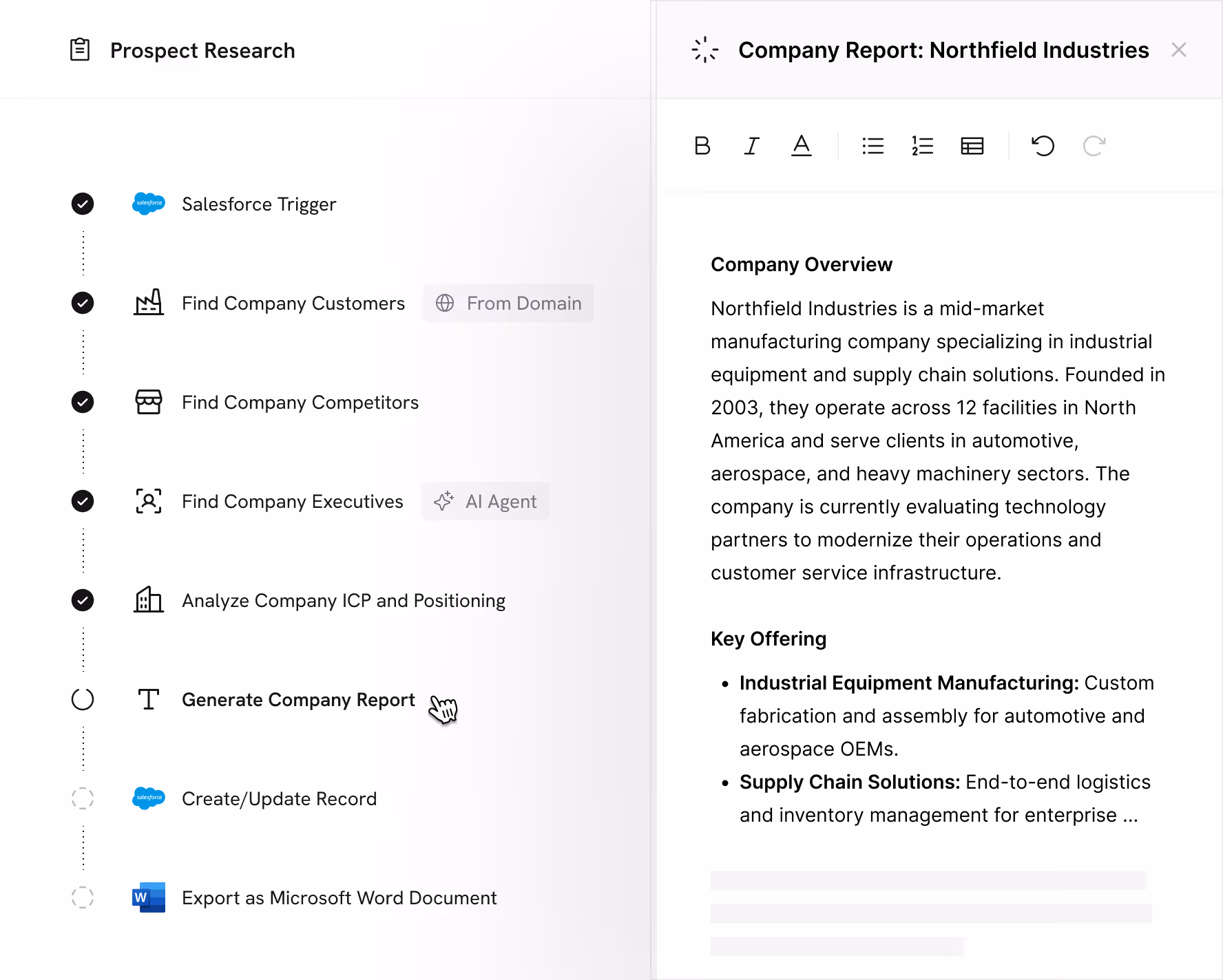 Workflow checklist for prospect research with tasks like Salesforce trigger, finding company customers, competitors, executives, and generating a company report for Northfield Industries, including a summary of the company overview and key offerings.