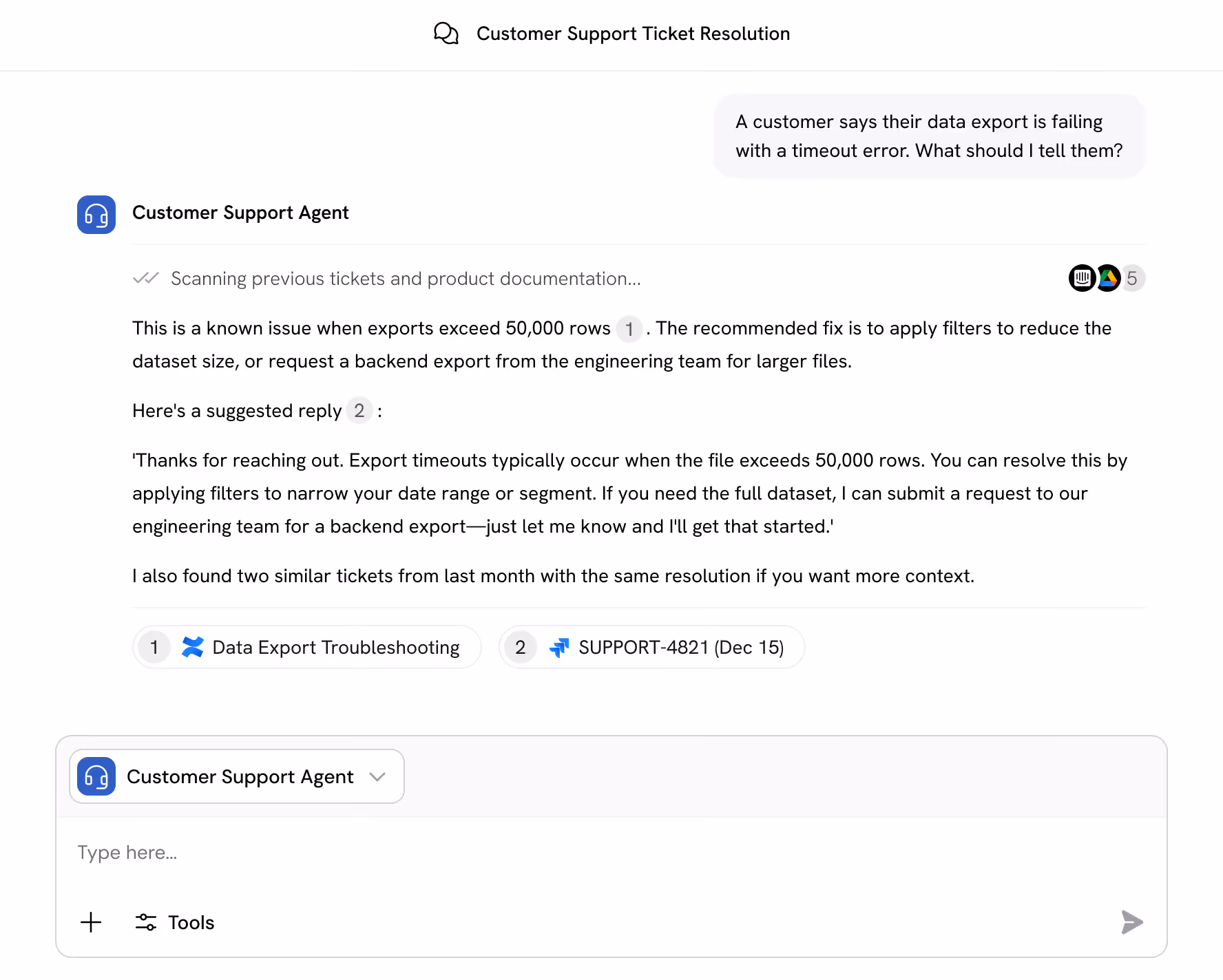 Customer support chat interface showing a conversation about data export timeout errors, with troubleshooting tips and suggested agent reply.