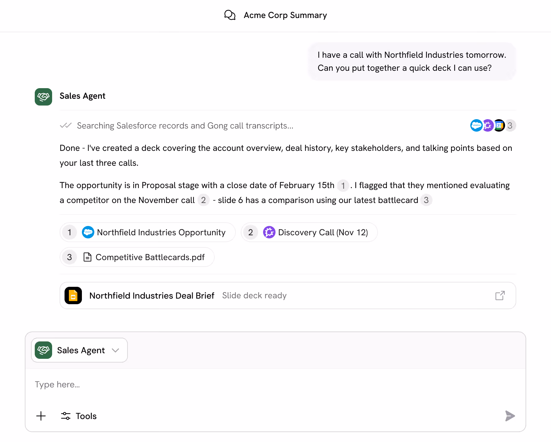 Chat interface titled Acme Corp Summary with a user requesting a sales deck for Northfield Industries, and Sales Agent responding with a deck summary including account overview, deal history, and competitive comparisons, plus attached related documents.