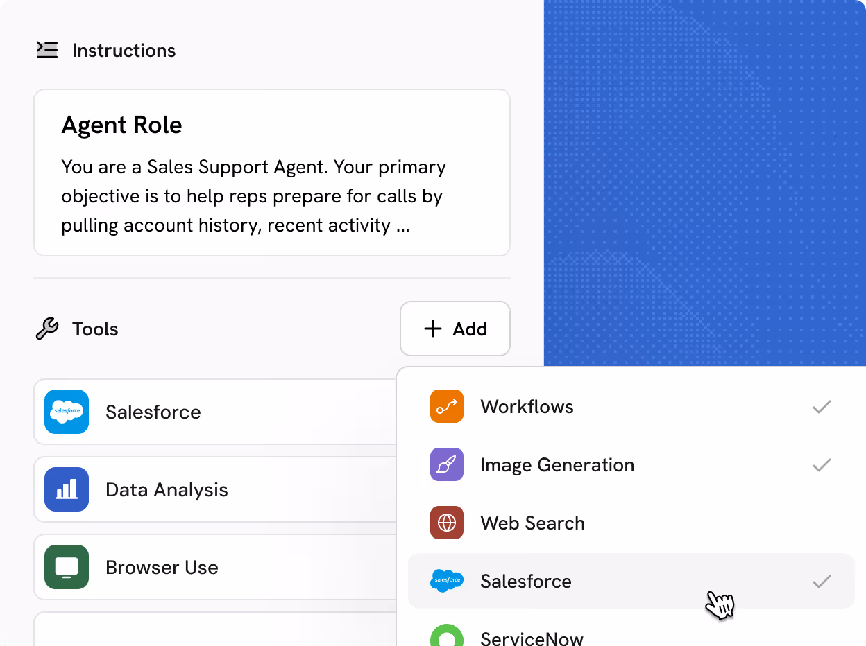 User interface showing a Sales Support Agent role with tools like Salesforce, Data Analysis, and Browser Use, and a dropdown menu with options including Workflows, Image Generation, Web Search, Salesforce selected, and ServiceNow.