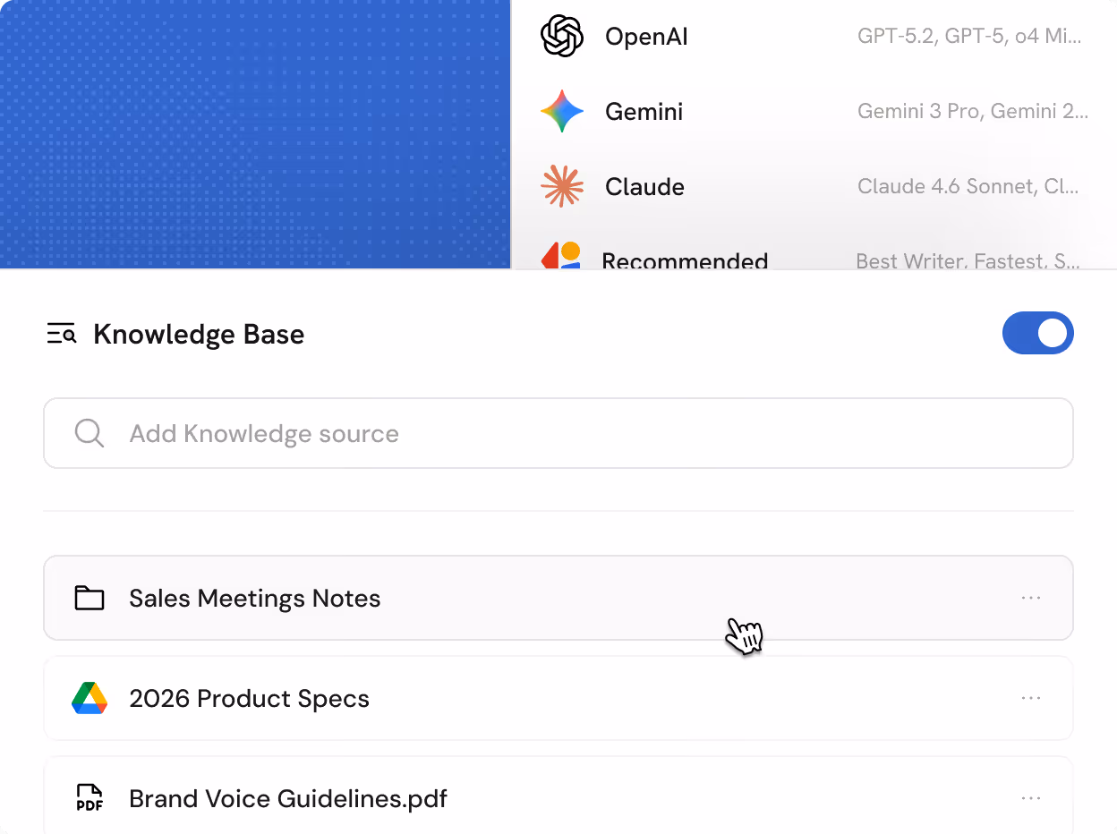 User interface showing a Knowledge Base section with a search bar and three items: Sales Meetings Notes folder, 2026 Product Specs Google Drive file, and Brand Voice Guidelines PDF.