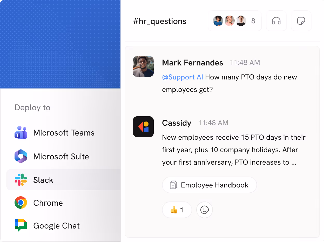Chat interface showing a question about PTO days from Mark Fernandes and a reply from Cassidy explaining new employees get 15 PTO days plus 10 holidays with an increase after the first anniversary. Sidebar lists deploy options: Microsoft Teams, Microsoft Suite, Slack, Chrome, Google Chat.
