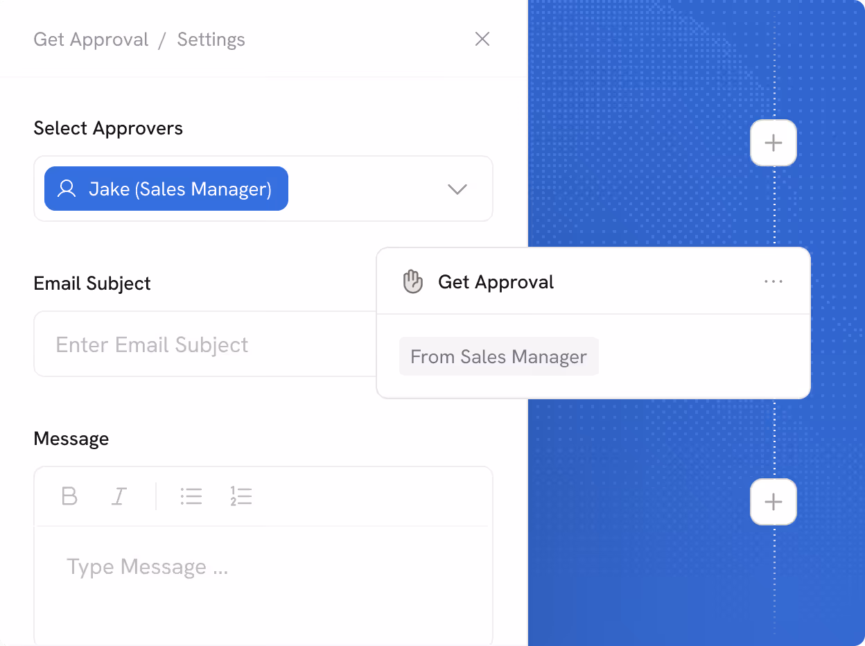 Settings panel for approval workflow with Sales Manager Jake selected as approver, fields for email subject and message, and a visual workflow on the right with plus buttons to add steps.