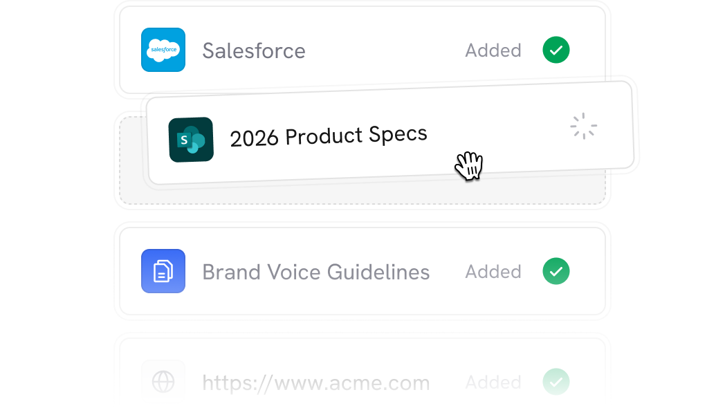 User interface showing a list of apps and files with status indicators, including Salesforce marked as added with a green checkmark, and a hand cursor hovering over '2026 Product Specs' loading item.
