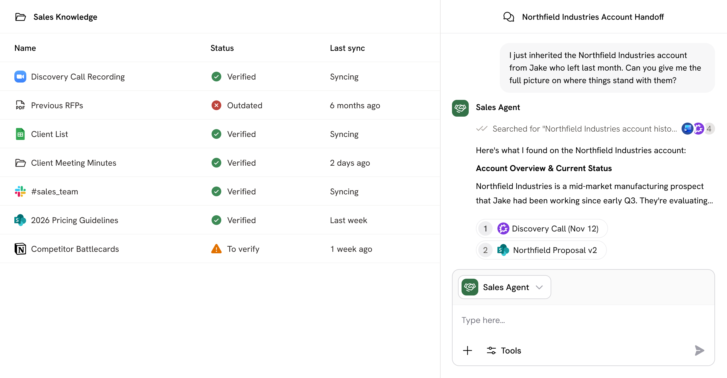Dashboard showing a sales knowledge base with a list of documents including Discovery Call Recording, Previous RFPs, Client List, Client Meeting Minutes, #sales_team, 2026 Pricing Guidelines, and Competitor Battlecards, with their verification status and last sync dates, alongside a sales agent chat about Northfield Industries account handoff.
