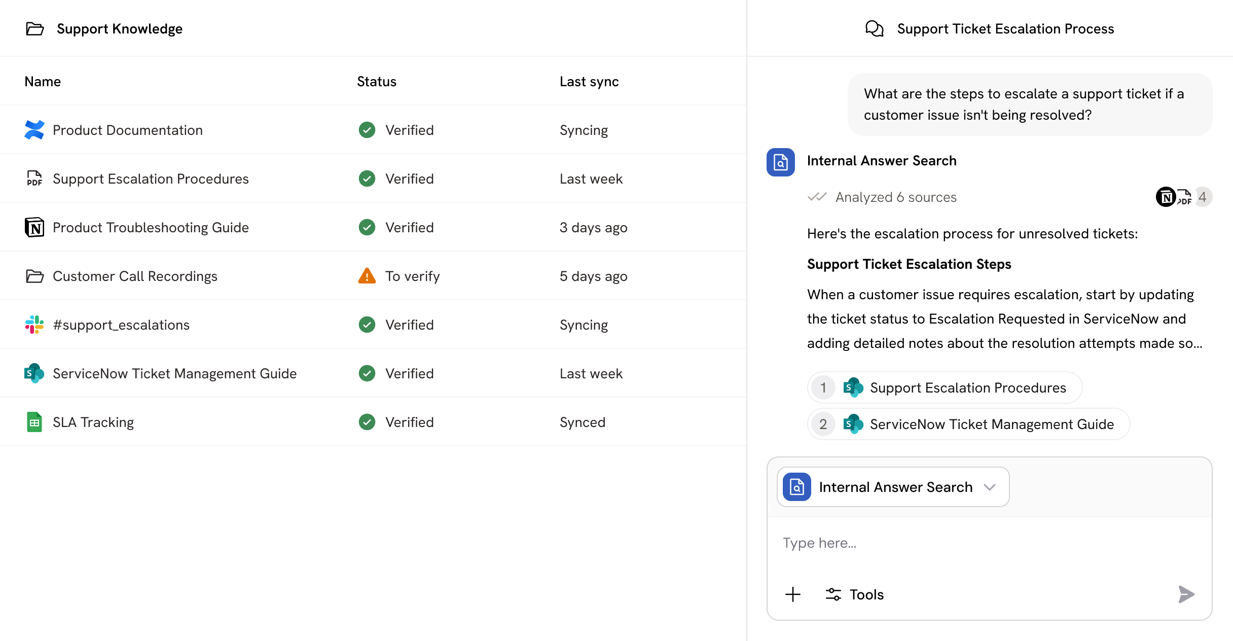 Support Knowledge dashboard showing status and last sync of various documents, alongside a support ticket escalation process query and answer interface.