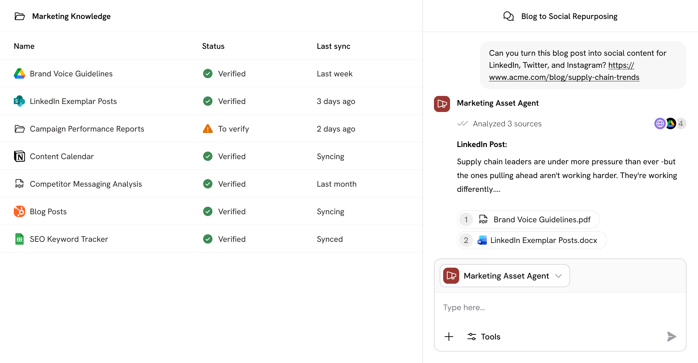 Dashboard for Marketing Knowledge showing files with statuses and last sync dates on the left, and a Blog to Social Repurposing chat on the right including a LinkedIn post draft and linked source files.