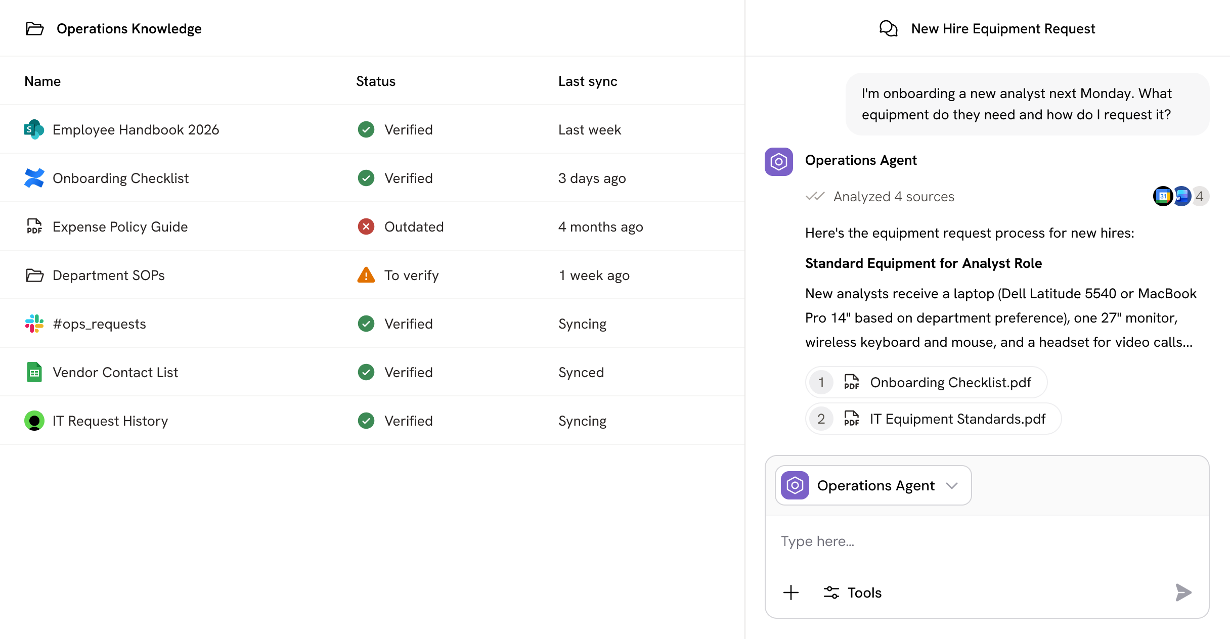 Operations Knowledge dashboard displaying document names with status and last sync dates, including Employee Handbook 2026, Onboarding Checklist, and Expense Policy Guide. Chat on new hire equipment request shows equipment details for analysts and links to PDF documents.