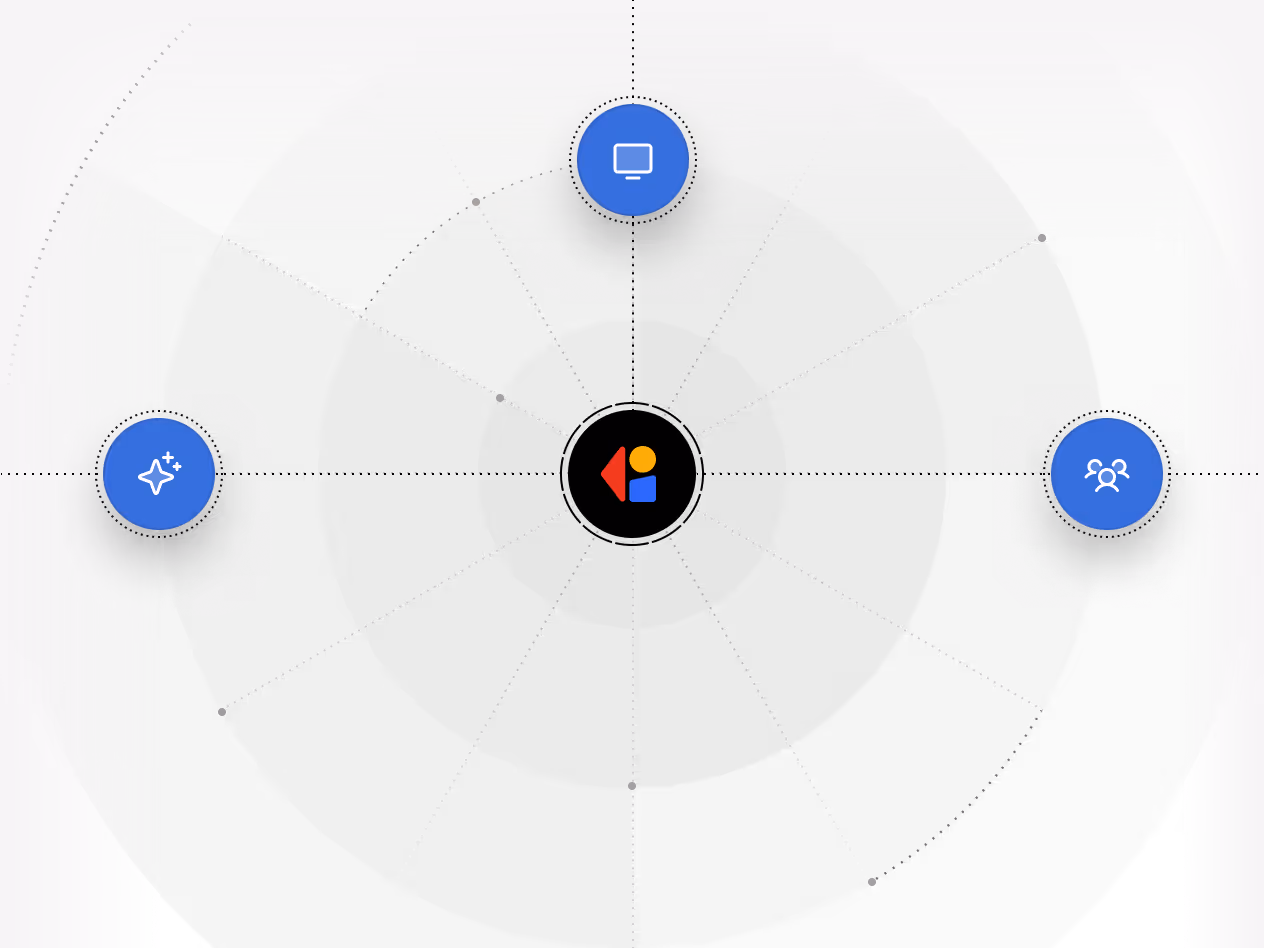 Central Cassidy logo with three blue circular icons representing the Cassidy ecosystem ( Platform, Agents, Experts) connected by dotted lines on a dark background, representing settings, monitor, and user group.