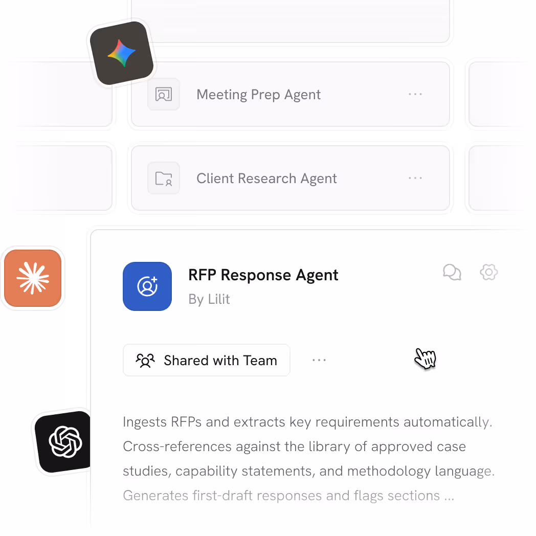 User interface showing Cassidy AI agents including Meeting Prep Agent, Client Research Agent, and RFP Response Agent, with details about the RFP Response Agent capabilities.